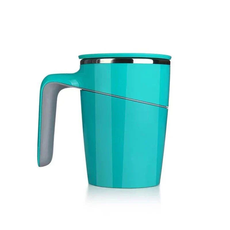 Suction Bottom No Spill Tumbler Cup Mug - Turquoise insulated mug with handle, sliding lid, and diagonal cut line on body, shown against white background
