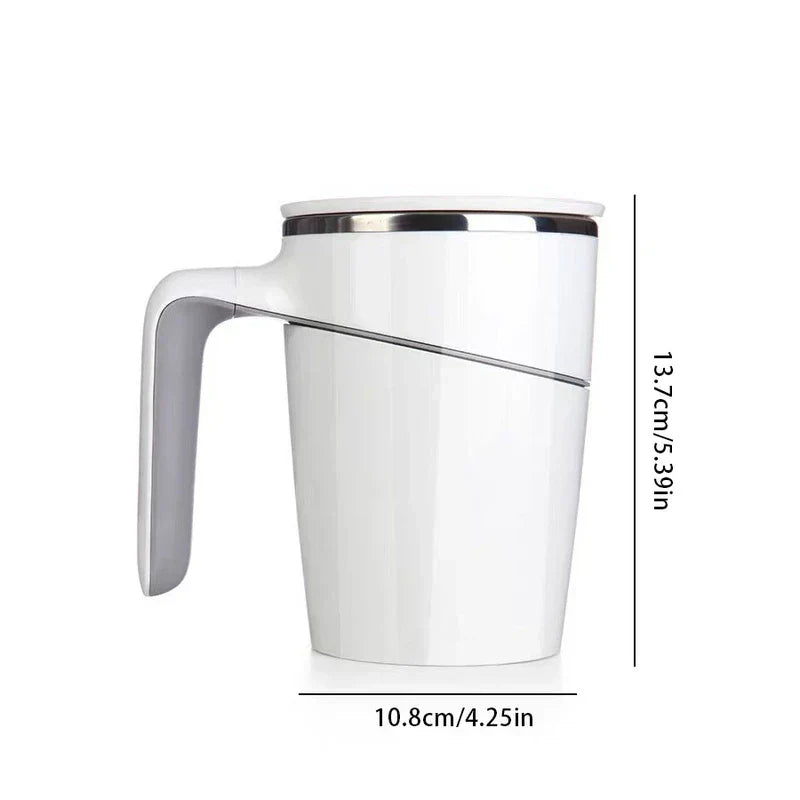 Suction Bottom No Spill Tumbler Cup Mug - White handled lidded travel mug against white background, with height and width dimension labels