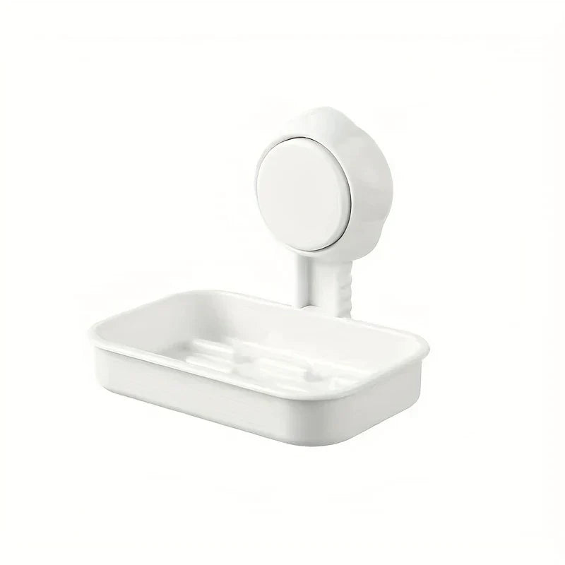 White wall-mounted soap dish holder with a suction-style mount and rectangular tray, displayed on a plain white background