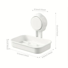 White wall-mounted suction cup soap dish holder with labeled dimension measurements