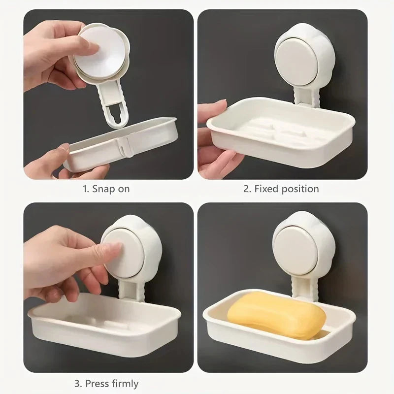 Soap Dish Holder - Four-step installation guide for a suction soap dish: snap parts on, position, press to secure, with soap placed in the dish.