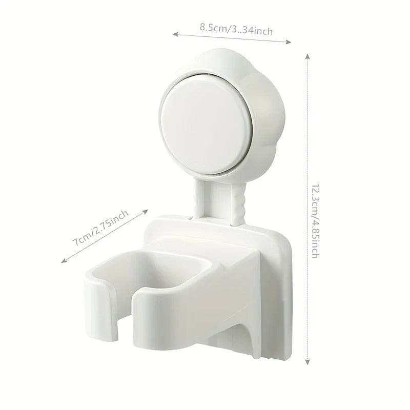 Hair Dryer Holder Wall Mount - White suction-mounted wall holder with labeled dimension measurements, shown against a plain white background.
