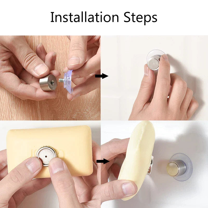 Suction Cup Soap Dish - Four-step installation guide showing assembly and mounting of the magnetic soap holder
