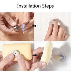 Suction Cup Soap Dish - Four-step installation guide showing assembly and mounting of the magnetic soap holder