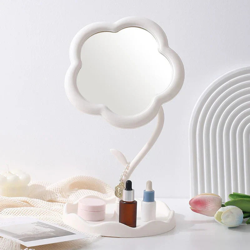 Sunflower makeup mirror placed on a bathroom counter