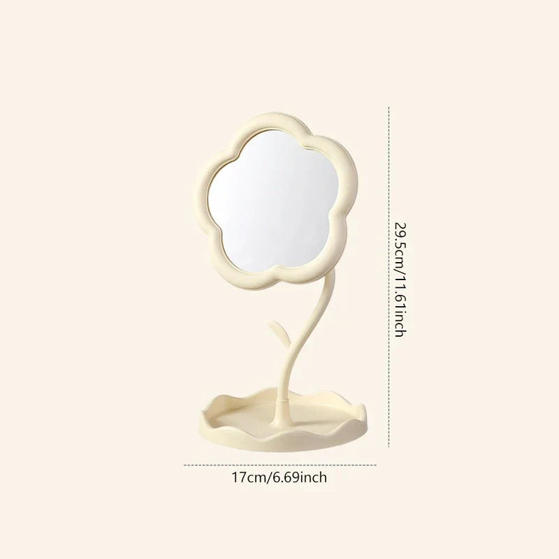 Makeup Mirror - Cream flower desktop mirror, dimension lines show total height 29.5cm/11.61in, base width 17cm/6.69in, plain light background