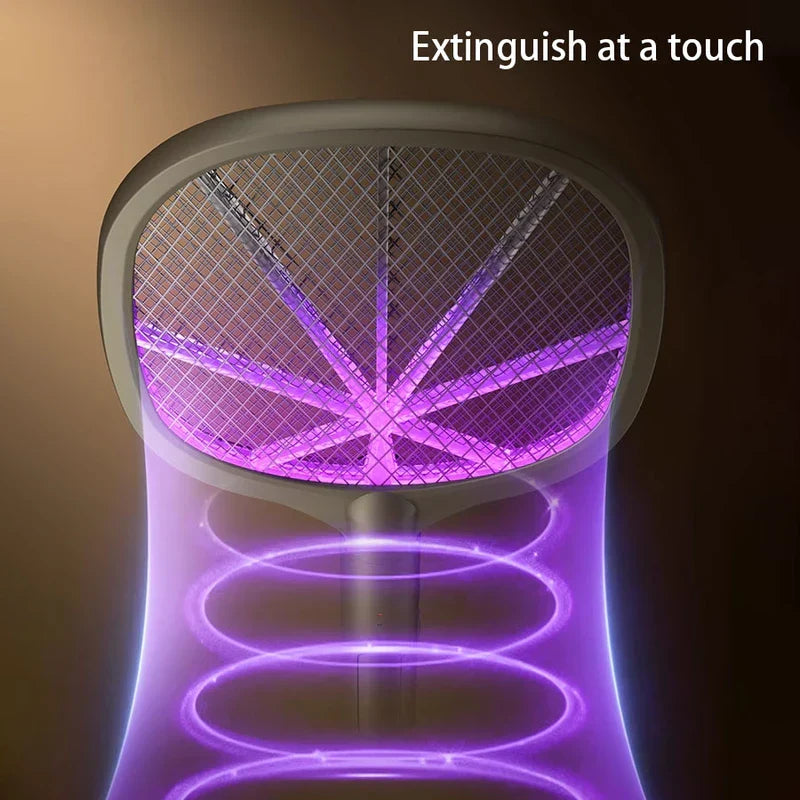 matamoscas eléctrico - Matamoscas eléctrico con luz UV púrpura brillante y efecto de remolino, texto 'Extinguish at a touch' en la parte superior