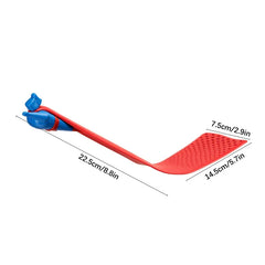 Turner Spatula - Side view of a red superhero-shaped slotted kitchen tool with measurement dimension labels