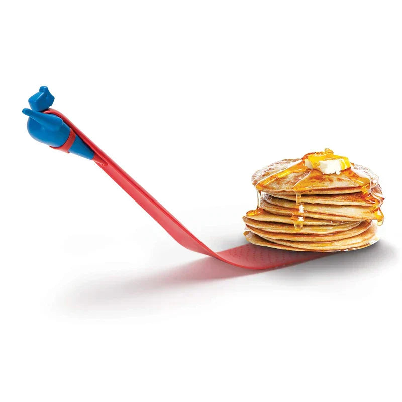 Turner Spatula - Red spatula with blue superhero figurine handle holding a stack of pancakes topped with butter and syrup