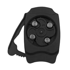 Manual Can Opener - Black compact swing away can opening tool viewed from above, showing internal metal contact wheels and side lever handle