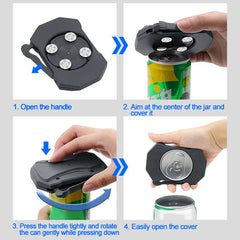 Manual Can Opener - Four-step instructional graphic demonstrating how to operate the can opener to remove a can lid