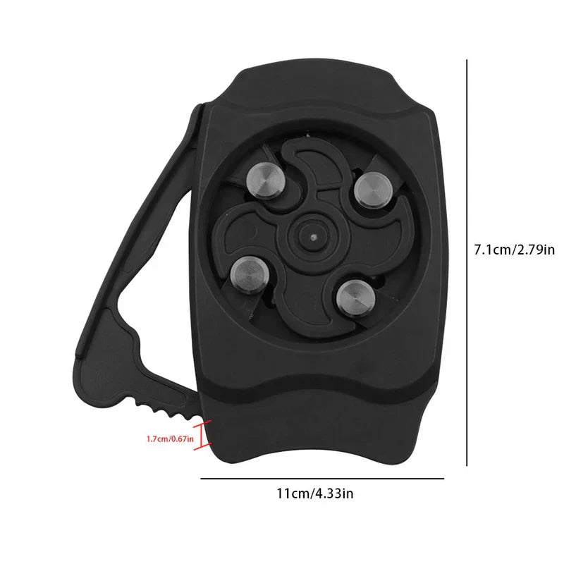 Manual Can Opener - Black can opener with dimension labels showing length 11cm, height 7.1cm, and thickness 1.7cm, on a white background.