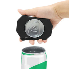 Manual Can Opener - A hand holding a black can opener removing the entire lid from an opened aluminum beverage can, against a white background.