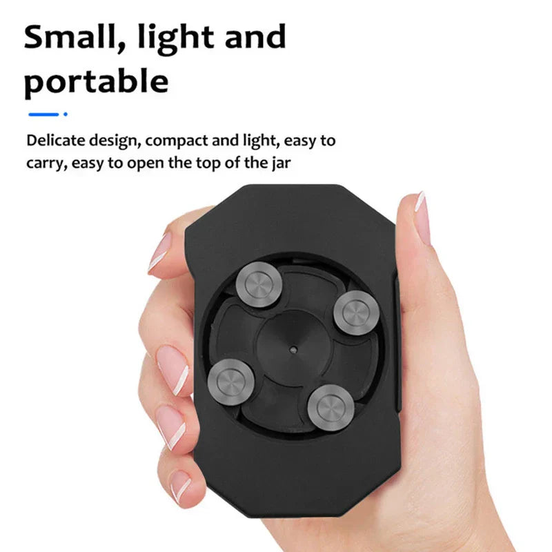 Manual Can Opener - A hand holding a black can opener, with text above stating “Small, light and portable” on a white background.