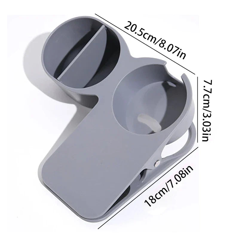 Table Side Drink Clamp Holder - Gray clip-on cup holder with two compartments, showing dimension measurements in cm and inches