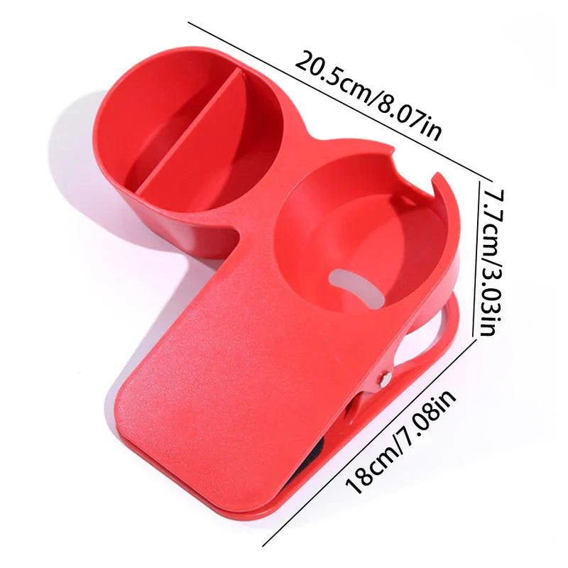 Table Side Drink Clamp Holder - Red clip-on cup holder with two compartments, showing dimension measurements in cm and inches
