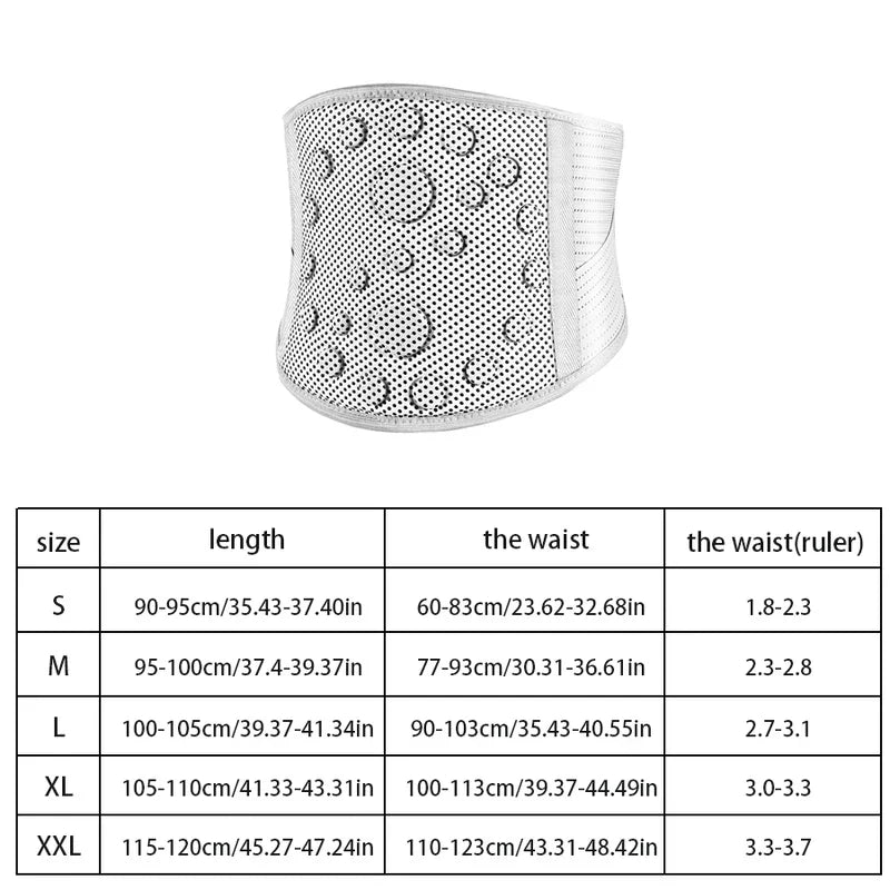 Waist Brace - Grey mesh self-heating waist support displayed above a size chart listing S through XXL with length and waist measurements.