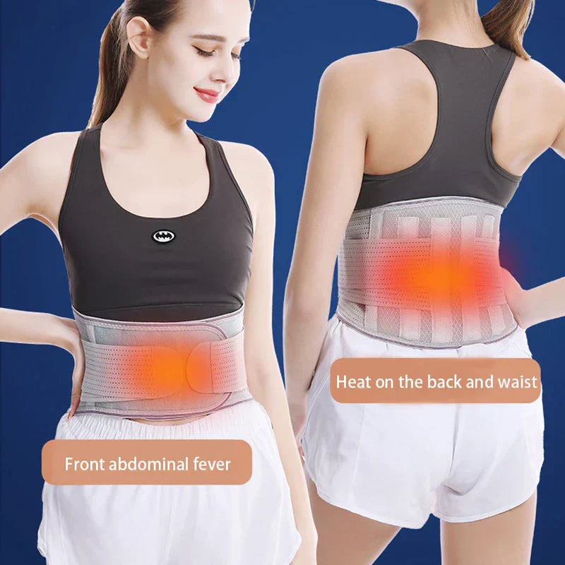 Waist Brace - Front and back view of a woman wearing the waist support, with orange highlighted heating areas on the front abdomen and lower back.