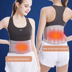 Waist Brace - Front and back view of a woman wearing the waist support, with orange highlighted heating areas on the front abdomen and lower back.