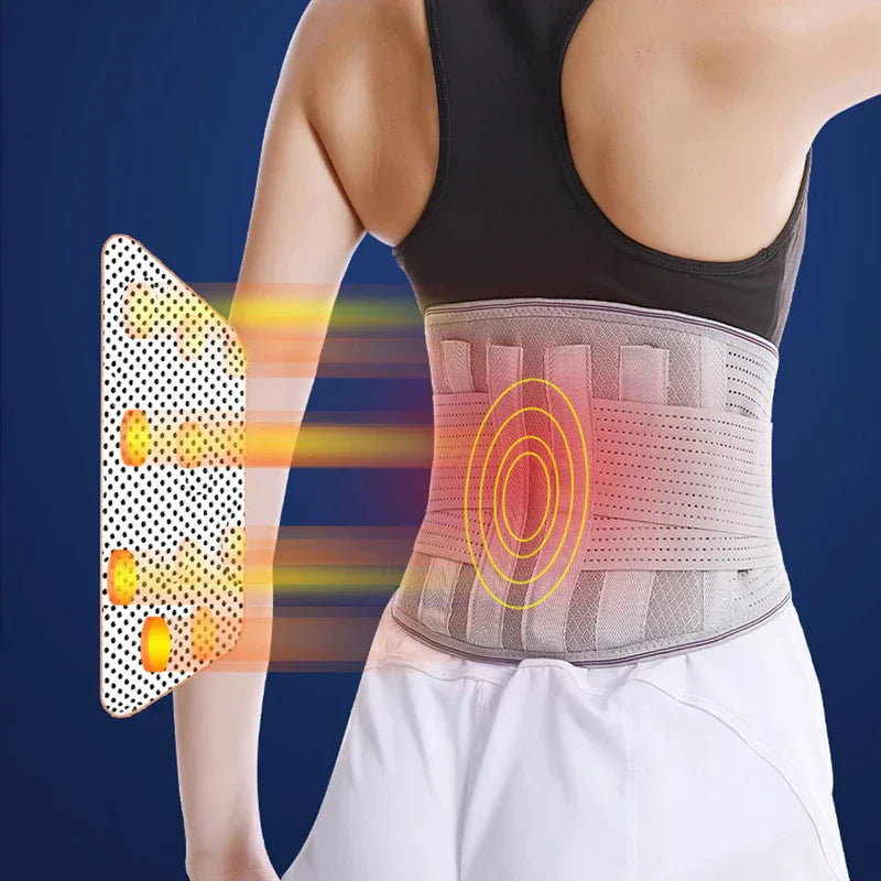 Waist Brace - Back view of a model wearing the waist support, with the removable dotted heating pad shown alongside it and heat radiating from the lower back.