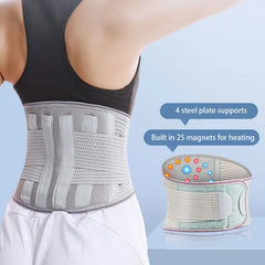 Waist Brace - Back view of person wearing a gray waist support belt, with product detail showing magnets and labeled features