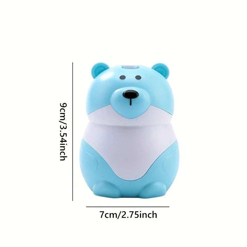 Sujetapalillos con forma de osito de peluche: recipiente de color azul claro con forma de oso de dibujos animados, mostrando marcas de dimensiones de 9 cm de alto y 7 cm de ancho