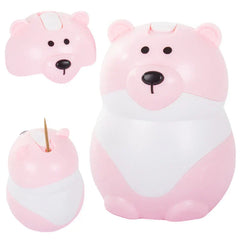 Sujetapalillos con forma de osito de peluche: sujetapalillos rosa con forma de oso mostrado completo, con su tapa desprendida y un palillo sobresaliendo en la vista superior