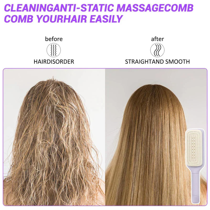 Before-and-after hair comparison graphic with a small light purple telescopic back scratcher shown at the bottom right