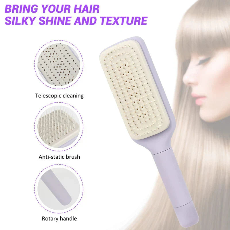Telescopic Back Scratcher - Light purple hairbrush centered, with three circular feature detail callouts to its left, partial view of a blonde person on the right