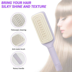 Telescopic Back Scratcher - Light purple hairbrush centered, with three circular feature detail callouts to its left, partial view of a blonde person on the right