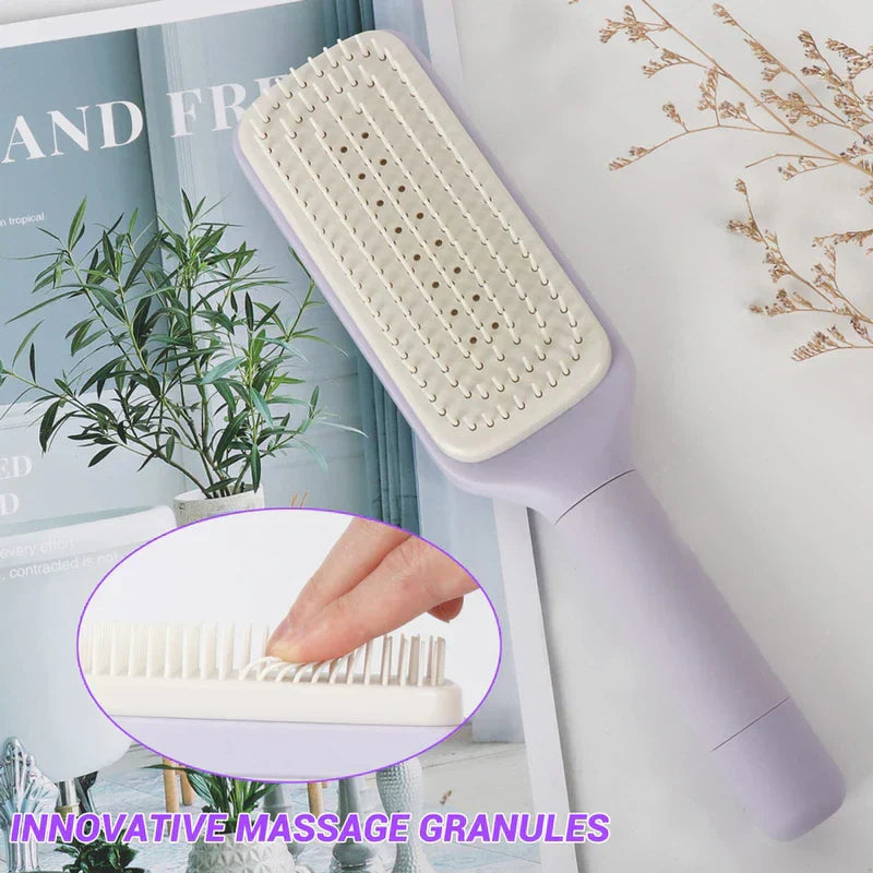 Light purple telescopic back scratcher hair brush with inset showing innovative massage granules
