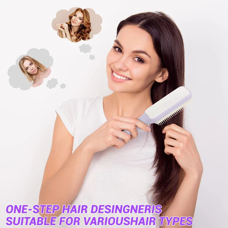 Woman brushing hair with a telescopic back scratcher design-style brush, with thought bubbles of other women