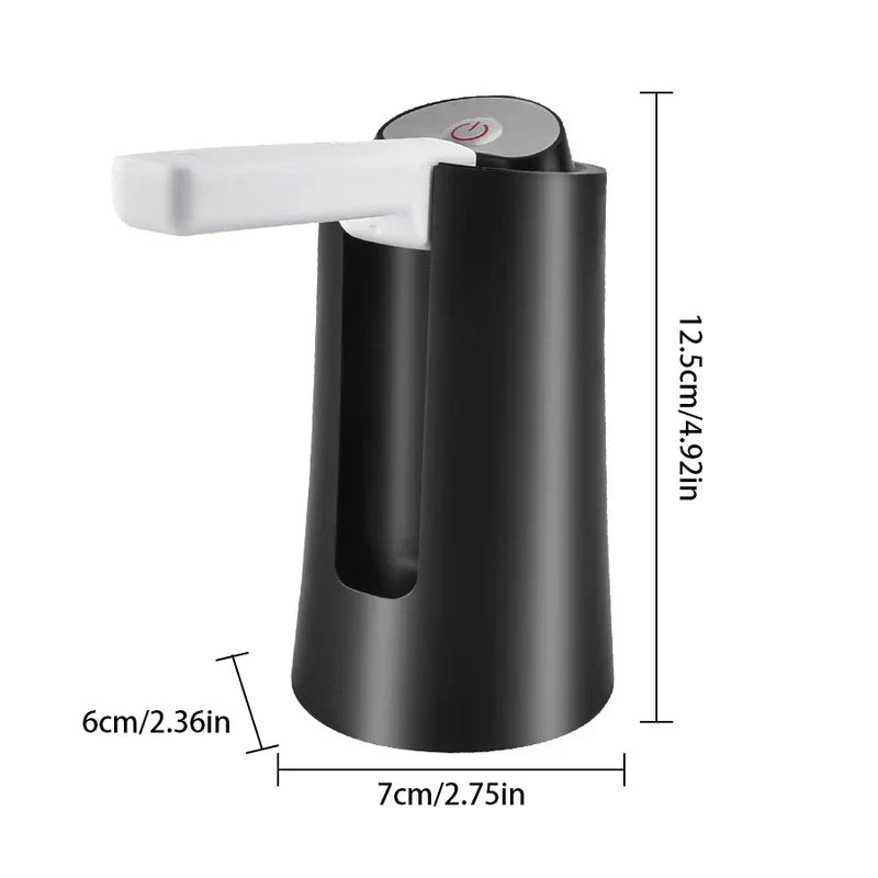 Electric Water Bottle Pump - Dimensions view of a black and white electric water pump with marked height and base measurements