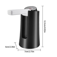 Electric Water Bottle Pump - Dimensions view of a black and white electric water pump with marked height and base measurements