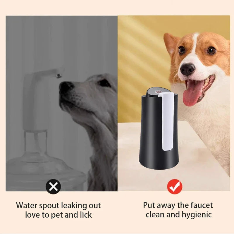Electric Water Bottle Pump - Comparison graphic showing water dispenser with spout out (greyed, X mark) and spout folded (colored, check mark) beside a dog, with descriptive text below.