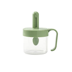 Telescopic Extendable Seasoning Spoon - Sage green sealed seasoning jar with integrated retractable spoon, clear body, side handle