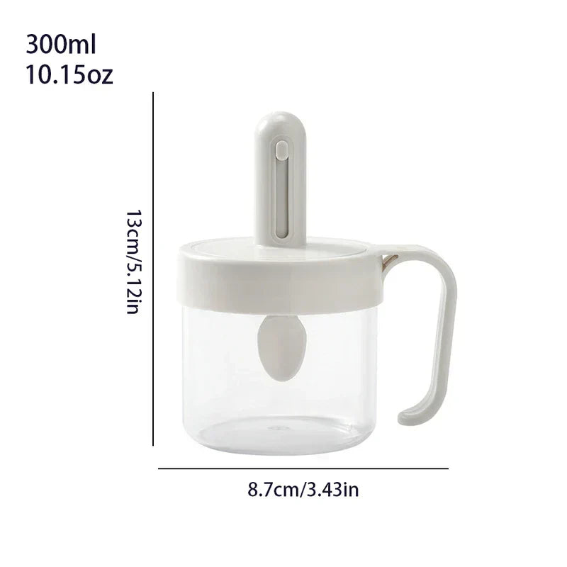 Telescopic Extendable Seasoning Spoon - White 300ml (10.15oz) lidded condiment container with attached spoon and side handle, height 13cm, width 8.7cm