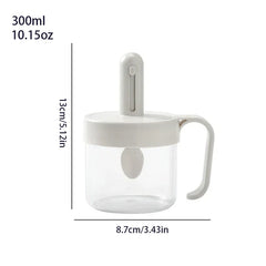 Telescopic Extendable Seasoning Spoon - White 300ml (10.15oz) lidded condiment container with attached spoon and side handle, height 13cm, width 8.7cm