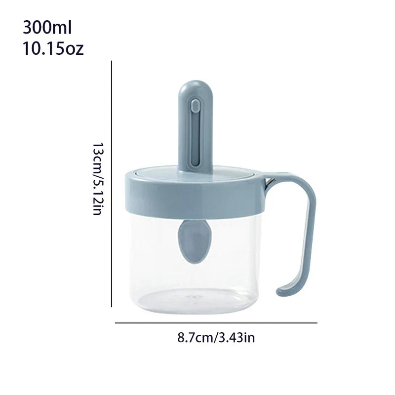 Telescopic Extendable Seasoning Spoon - Light blue 300ml (10.15oz) lidded condiment container with attached spoon and side handle, height 13cm, width 8.7cm