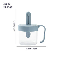 Telescopic Extendable Seasoning Spoon - Light blue 300ml (10.15oz) lidded condiment container with attached spoon and side handle, height 13cm, width 8.7cm