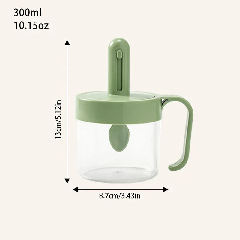 Telescopic Extendable Seasoning Spoon - Light green 300ml (10.15oz) lidded condiment container with attached spoon and side handle, height 13cm, width 8.7cm