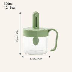 Telescopic Extendable Seasoning Spoon - Light green 300ml (10.15oz) lidded condiment container with attached spoon and side handle, height 13cm, width 8.7cm