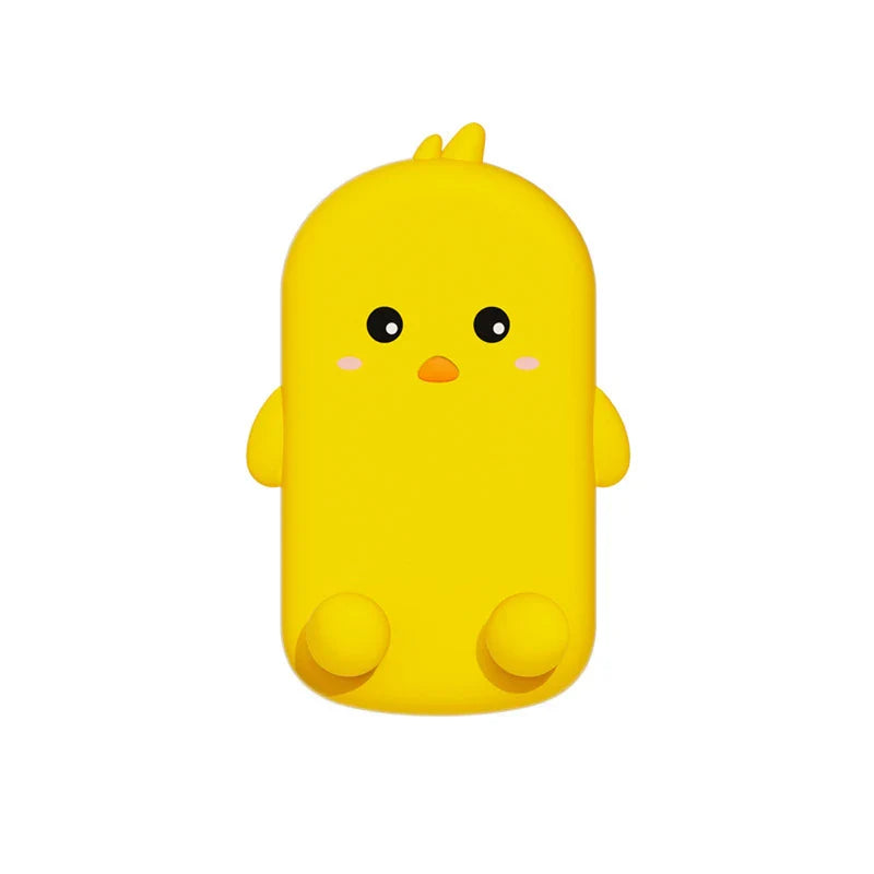 Folding Phone Stand - Bright yellow chick design stand in closed flat position against white background