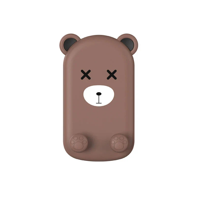 Folding Phone Stand - Flat front view of brown X-eyed bear character handheld warmer/case with paw feet, isolated white