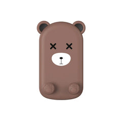 Folding Phone Stand - Flat front view of brown X-eyed bear character handheld warmer/case with paw feet, isolated white