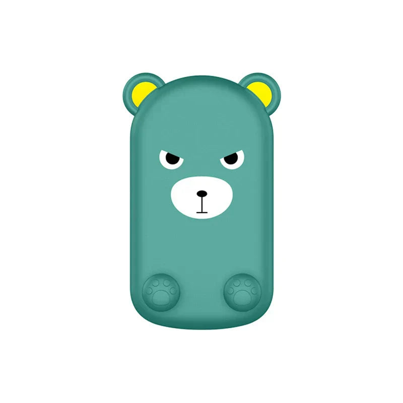 Folding Phone Stand - Flat front view of teal angry bear character handheld warmer/case with yellow ears, isolated white