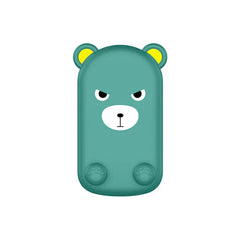 Folding Phone Stand - Flat front view of teal angry bear character handheld warmer/case with yellow ears, isolated white