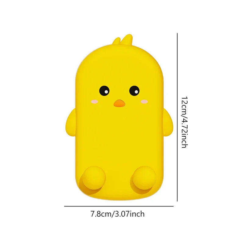 Folding Phone Stand - Yellow cartoon chick-shaped object with size dimensions marked beside it, on a plain white background