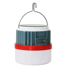 Camping Lantern - Collapsed lantern with metal hanging hook, USB port, and power button