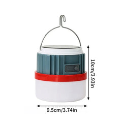 Camping Lantern - Compact hanging light with metal hook, teal upper body, red ring, white diffuser; size measurements marked alongside.
